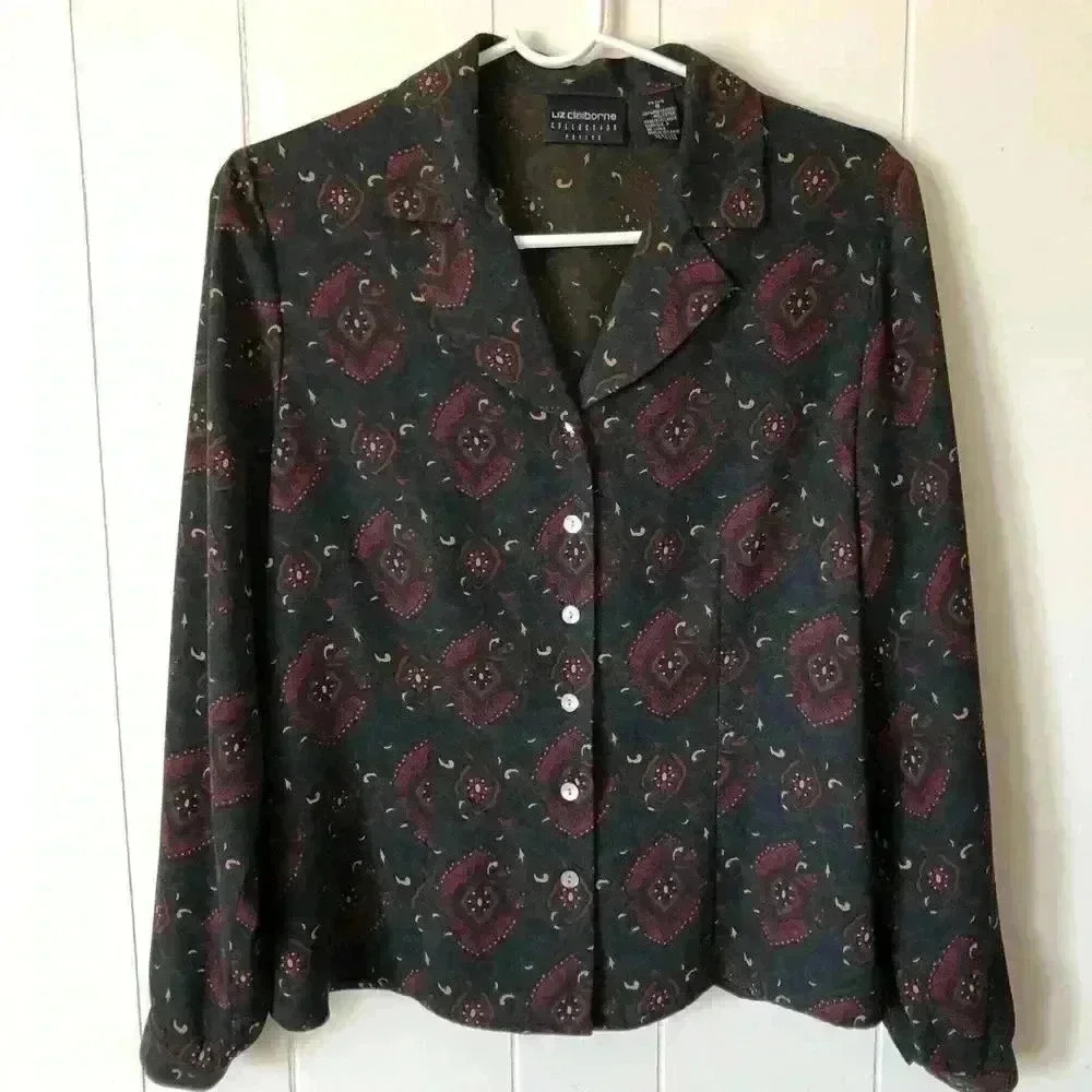 Liz Claiborne Button Down Printed Polyester Top Blouse Size 8 - Picture 1 of 6
